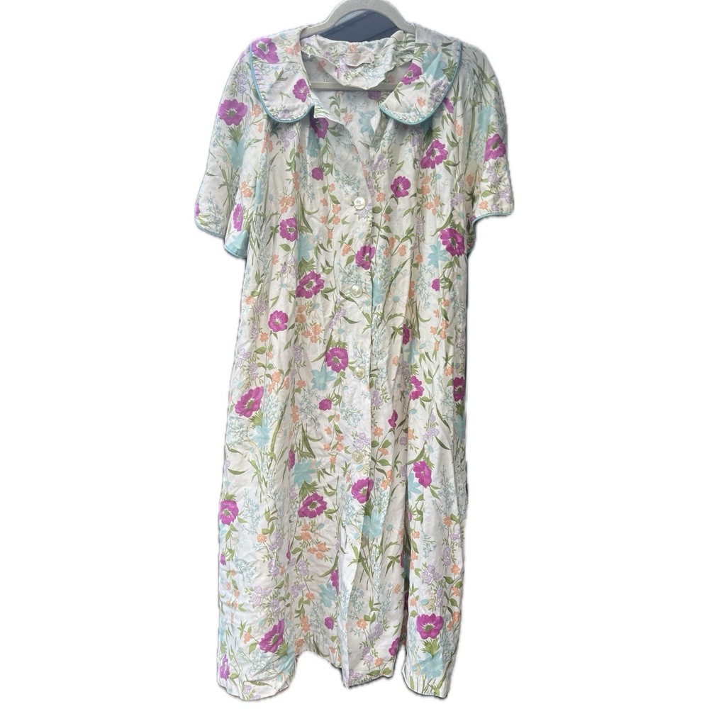 Vintage BARBIZON Housecoat Dress Floral Button Front Size 14 Cotton